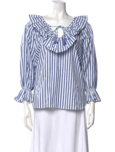 Pre-owned Mille Striped Tie Neck Blouse In Blue