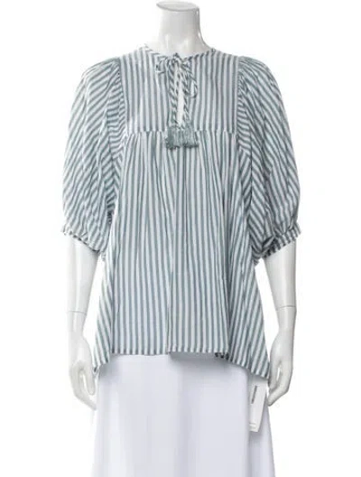 Pre-owned Mille Striped Tie Neck Top In Blue