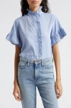 Mille Vanessa Ruffle Detail Cotton Blouse In Chambray Polka Dot