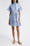 Mille Violetta Ruffle Tie Waist Dress In Chambray Polka Dot