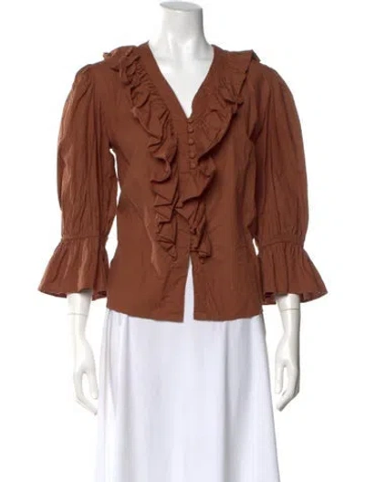 Pre-owned Mille V-neck Three-quarter Sleeve Blouse In Brown