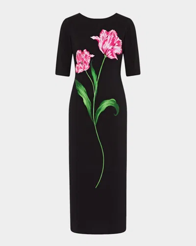 Milly Abbygail Floral-print Jersey Midi Sheath Dress In Black