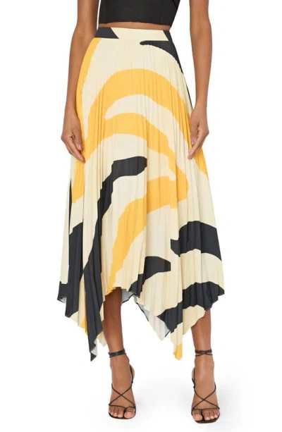 Milly Abstract Zebra Stripe Pleated Handkerchief Hem Skirt In Mango/ Black