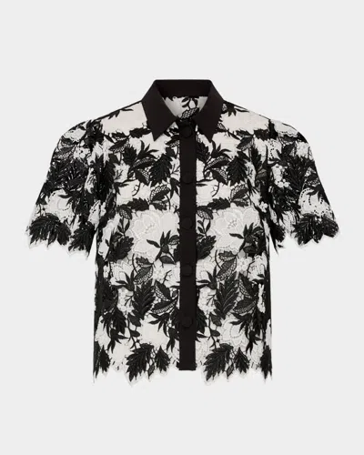 MILLY ADDISON BUTTON-FRONT TWO-TONE LACE TOP