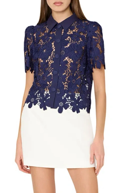 Milly Addison Roja Lace Short Sleeve Top In Navy