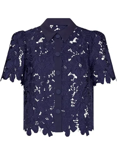 Milly Addison Roja Lace Short Sleeve Top In Navy