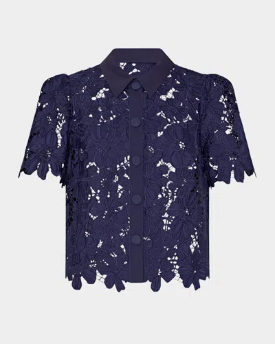 Milly Addison Roja Lace Short Sleeve Top In Navy