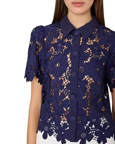 Milly Addison Roja Lace Short Sleeve Top In Navy