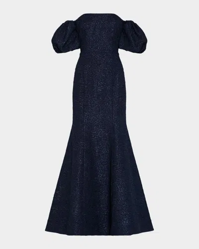 Milly Alexi Off-shoulder Floral Jacquard Mermaid Gown In Blue