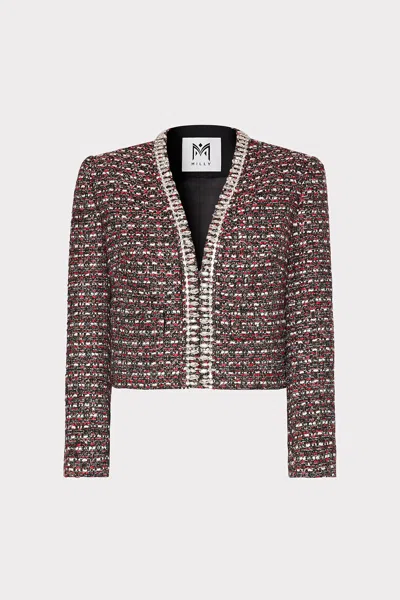 Milly Amaya Tweed Crystal Embellished Jacket In Scarlet