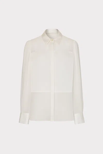Milly Andy Satin Combo Button Up Long Sleeve Blouse Shirt In White