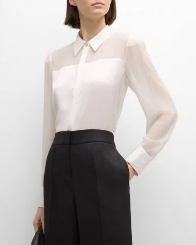MILLY ANDY SATIN SHEER PANEL BLOUSE IN WHITE
