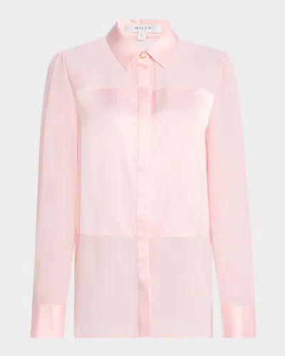 Milly Andy Sheer Satin Combo Blouse In Blush