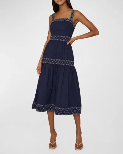 Milly Annette Embroidered Cotton Poplin Midi Dress In Navy