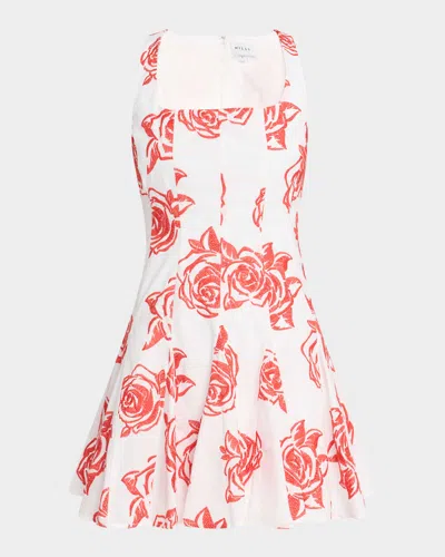 Milly Ariel Floral-embroidered Godet Mini Dress In Red/white
