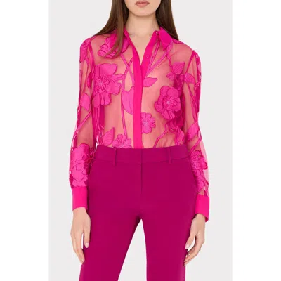 Milly Ashton Grand Fleur Appliqué Sheer Button-up Shirt In Pink