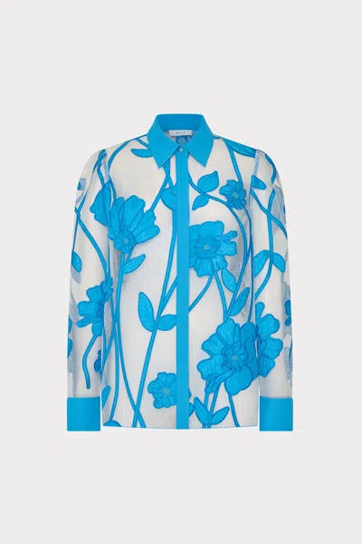 Milly Ashton Grand Fleur Embroidered Long Sleeve Top In Blue