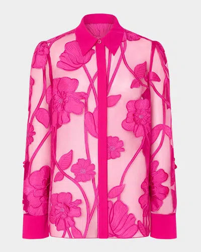 Milly Ashton Sheer Floral-embroidered Blouse In Pink