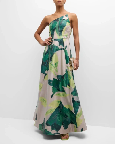 Milly Asymmetric Strapless Botanical Jacquard Gown In Green Multi