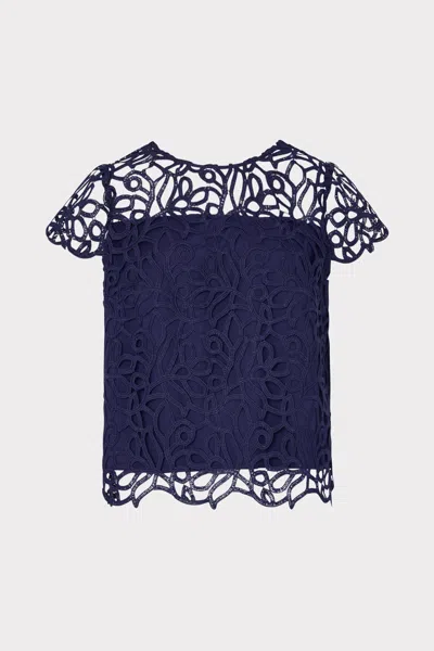 Milly Baby Curled Lace Short Sleeve Top In Blue
