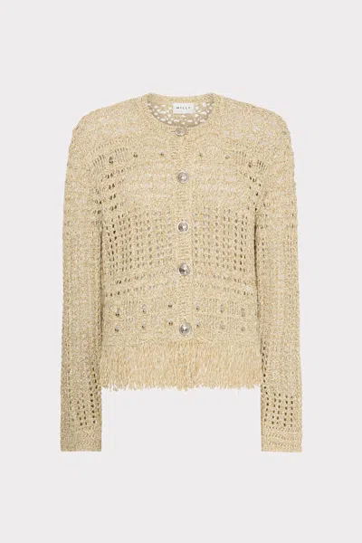 Milly Beaded Fringe Knit Cardigan In Beige