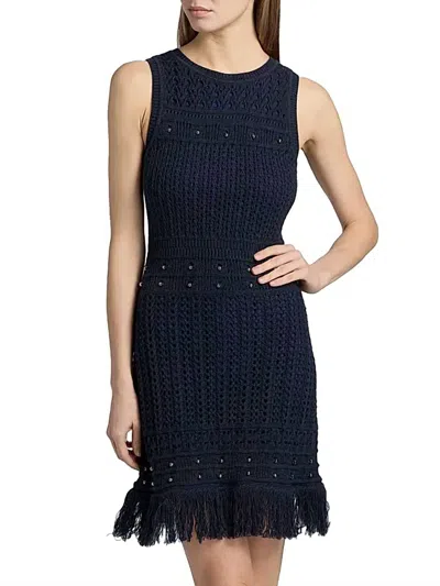 Milly Beaded Fringe Knit Shell Dress In Navy In Blue