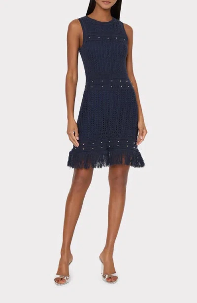 Milly Beaded Fringe Sleeveless Knit Minidress In Blue