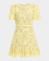 Milly Belted Floral Lace Flounce Mini Dress In Yellow