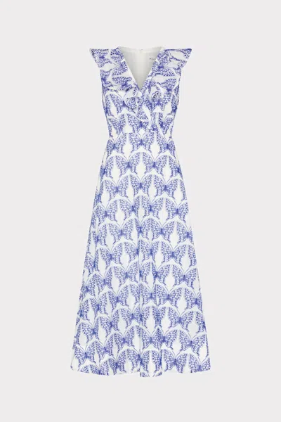 Milly Butterfly Eyelet Ruffle Midi Dress In White/blue