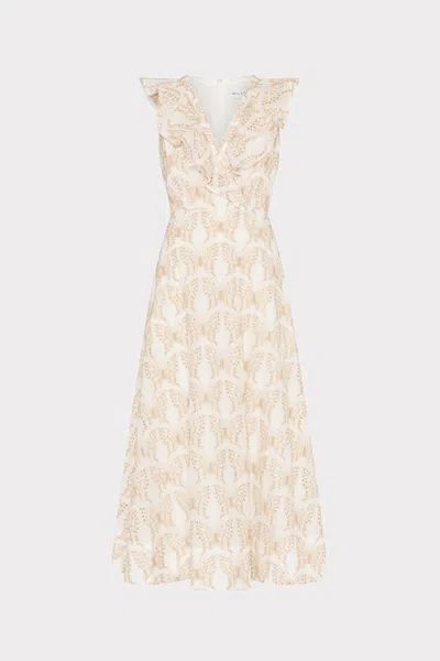 Milly Butterfly Eyelet Ruffle Midi Dress In White/tan