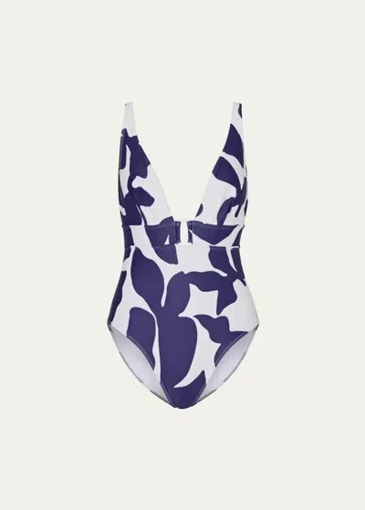 Milly Cabana Abstract Printed One-piece Swimsuit In Navy/ White
