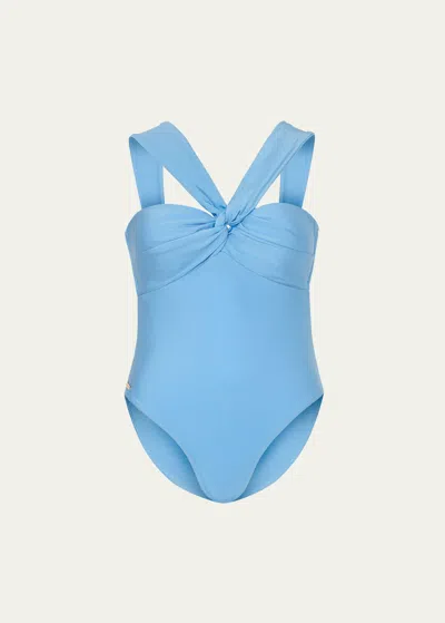 Milly Cabana Betsy Draped One-piece Swimsuit In Blue