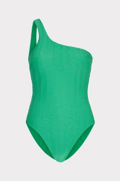 Milly Cabana Joni Textured Chevron One Shoulder One Piece In Green