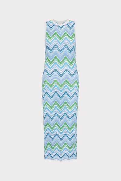 Milly Cabana Multi Zig Zag Sleeveless Midi Dress In Blue
