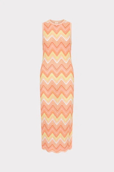 Milly Cabana Multi Zig Zag Sleeveless Midi Dress In Coral