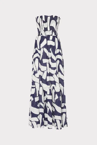 Milly Cabana Olen Graphic Brushstroke Strapless Maxi Dress In Navy/ecru