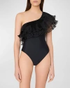 MILLY CABANA PLEATED ORGANZA ONE-SHOULDER ONE-PIECE SWIMSUIT