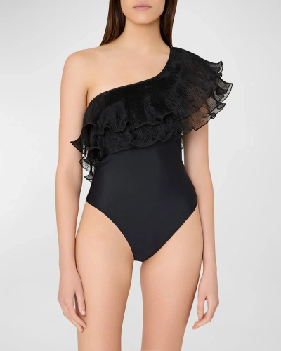 Milly Cabana Pleated Organza One-shoulder One-piece Swimsuit In Black