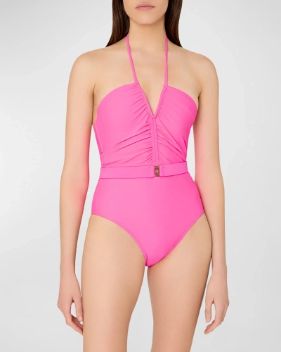 Milly Cabana Ruched Halter One-piece Swimsuit In Neon Pink