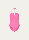 MILLY CABANA RUCHED HALTER ONE-PIECE SWIMSUIT