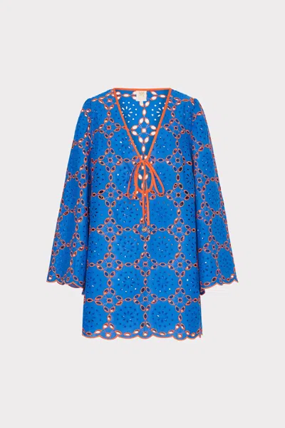 Milly Cabana Viara Two Tone Geo Eyelet Cover-up Dress In Cobalt/coral