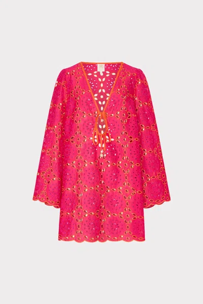 Milly Cabana Viara Two Tone Geo Eyelet Cover-up Dress In Pink/coral