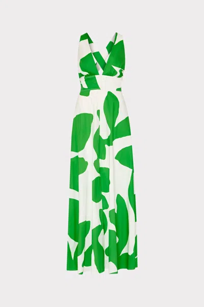 Milly Catarina Grand Foliage Poplin Maxi Dress In Green/white