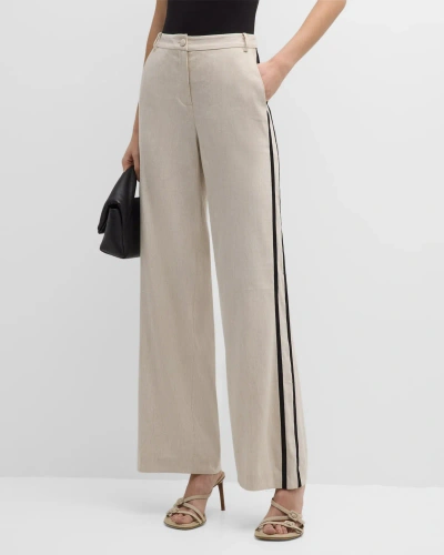Milly Contrast-trim Straight-leg Pants In Natural