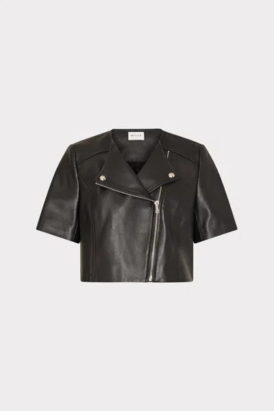 Milly Cropped Short Sleeve Moto Jacket In Black