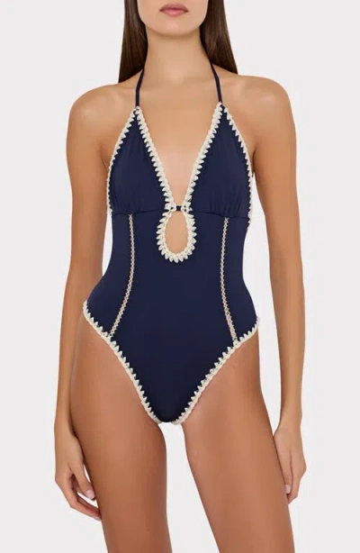 Milly Cutout Crochet Trim One-piece Swimsuit In Blue