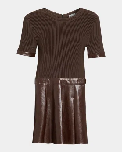 Milly Devyn Rib-knit Mixed-media A-line Mini Dress In Brown
