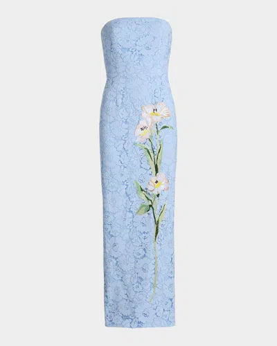 Milly Dolores Strapless Floral Lace Midi Dress In Blue