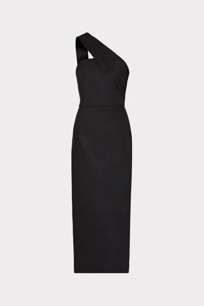 Milly Draped One Shoulder Linen Midi Dress In Black