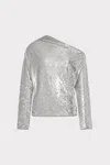 Milly Draped One Shoulder Sequins Long Sleeve Top In Silver